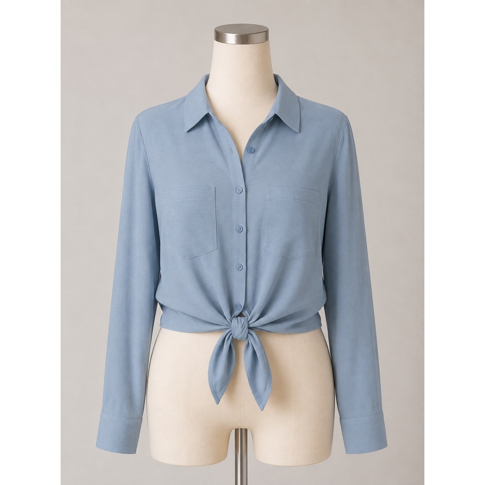 Women Light Blue Long Sleeve Front Tie Cropped Button Down Shirt Pockets